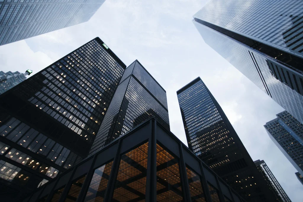 Modern business towers viewed from street level