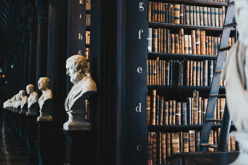 Reference books on shelves in a quiet library