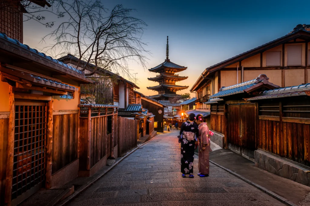 A traditional street and pagoda in Kyoto, Japan