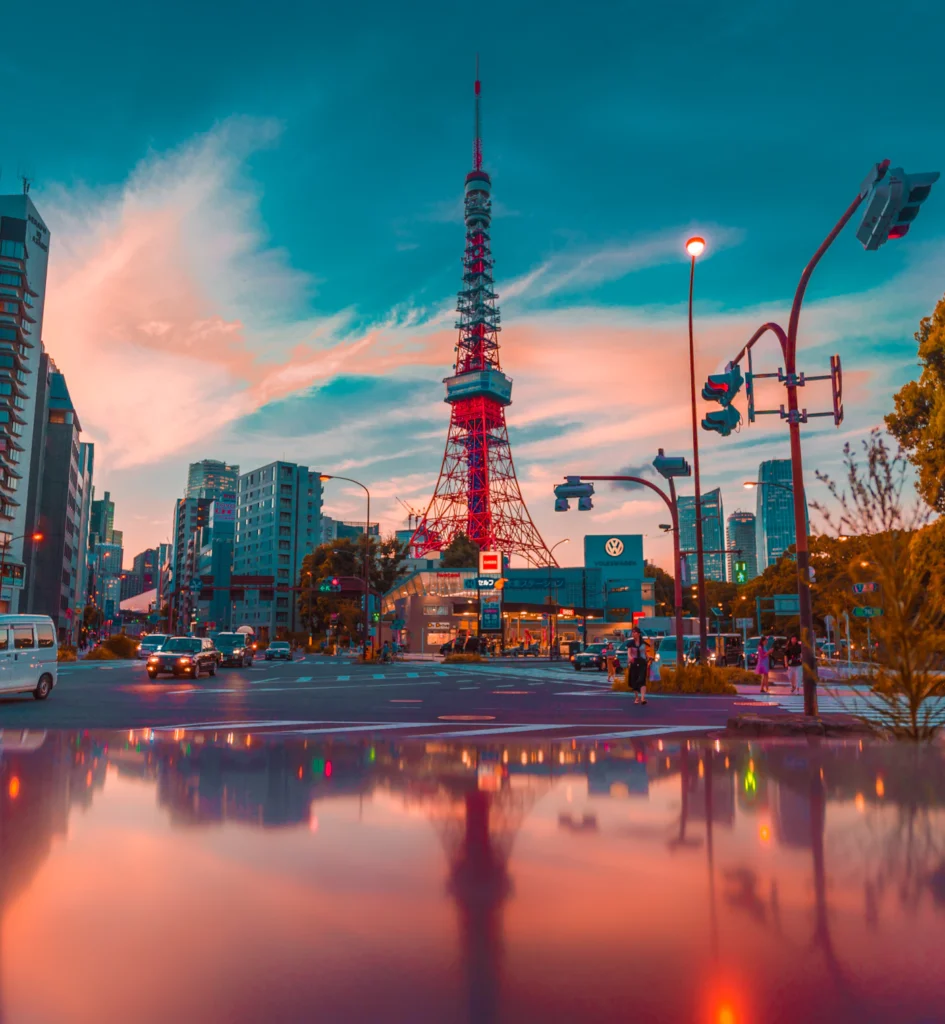 Tokyo Tower and surrounding streets at dusk